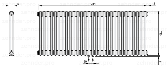 Схема (чертеж) Радиатор Zehnder Charleston 2075/29 №5410 Белый глянцевый RAL 9016